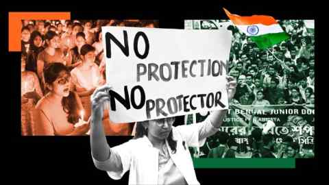 Montage showing a protester holding a sign that says ‘No Protection, No Protector’, and scenes of vigils and rallies in India