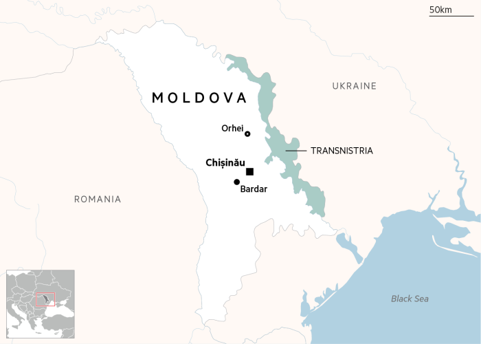 Map of Moldova showing Chisinau, Orhei, Bardar and Transnistria