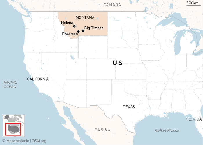 Map showing the location of Big Timber and Bozeman in Montana