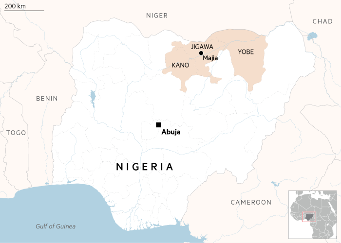 Map of Nigeria showing the regions of Jigawa, Kano and Yobe, the town of Majia, and the capital Abuja