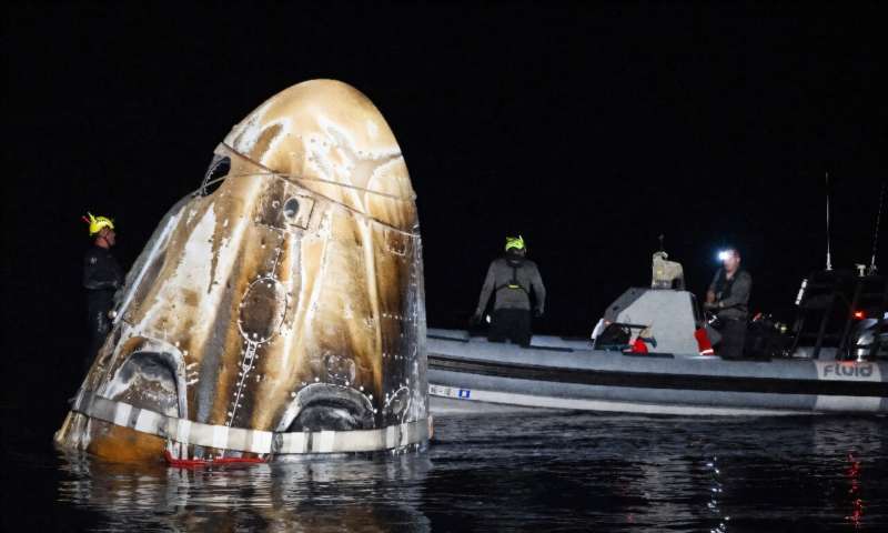 The SpaceX Dragon Endeavour spacecraft shortly after splashdown off the coast of Florida on October 25, 2024