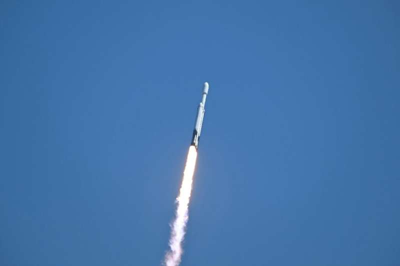 A SpaceX Falcon Heavy rocket with the Europa Clipper spacecraft aboard launches from NASA's Kennedy Space Center in Cape Canaveral, Florida