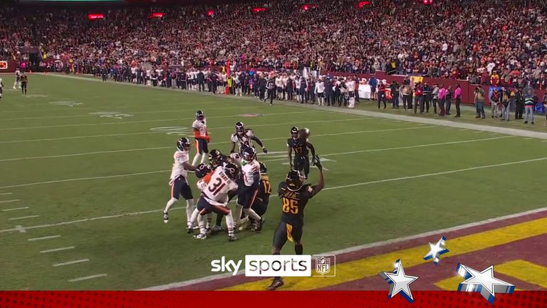 Watch Jayden Daniels throw a  52-yard &#39;Hail Mary&#39; touchdown to Noah Brown to seal victory over the Chicago Bears at buzzer. 