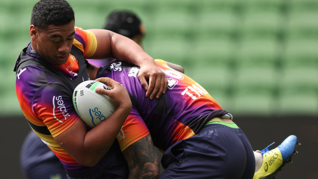 Lazarus Vaalepu and Nelson Asofa-Solomona of the Storm during a Melbourne Storm NRL captain's run at AAMI Park on September 26, 2024 in Melbourne, Australia. (Photo by Robert Cianflone/Getty Images)