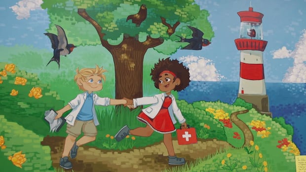 A painting outside a clinic shows a girl running towards a lighthouse, holding the hand of a boy and holding a box with a medical cross