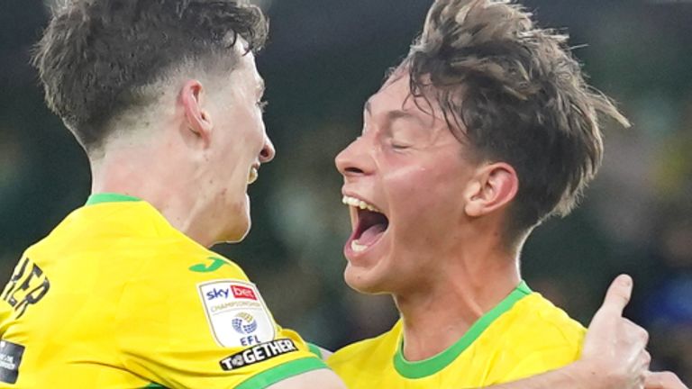 Norwich City's Kellen Fisher and Norwich City's Oscar Schwartau celebrate during the Sky Bet Championship match at Carrow Road, Norwich. Picture date: Sunday October 27, 2024.
