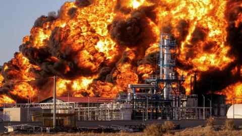 Flames and thick black smoke rise from an oil refinery in Birjand, Iran