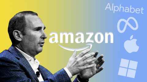 Andrew Jassy is pictured speaking with his hands gesturing. The background displays the logos of Amazon, Alphabet, Meta, Apple, and Microsoft.