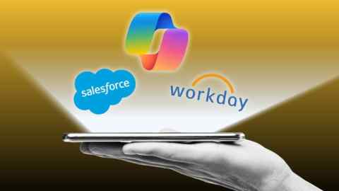 A hand holding a smartphone, with a glowing projection above it displaying the logos of three companies: Salesforce, Microsoft Copilot and Workday