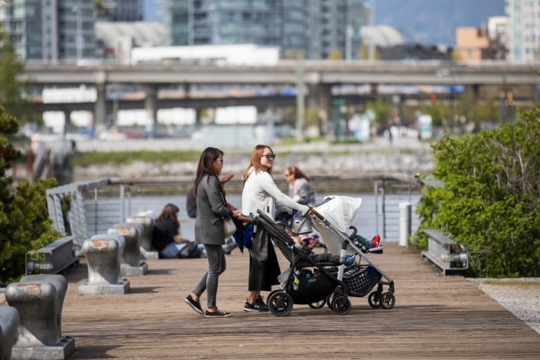 Two women push strollers down a boardwalk