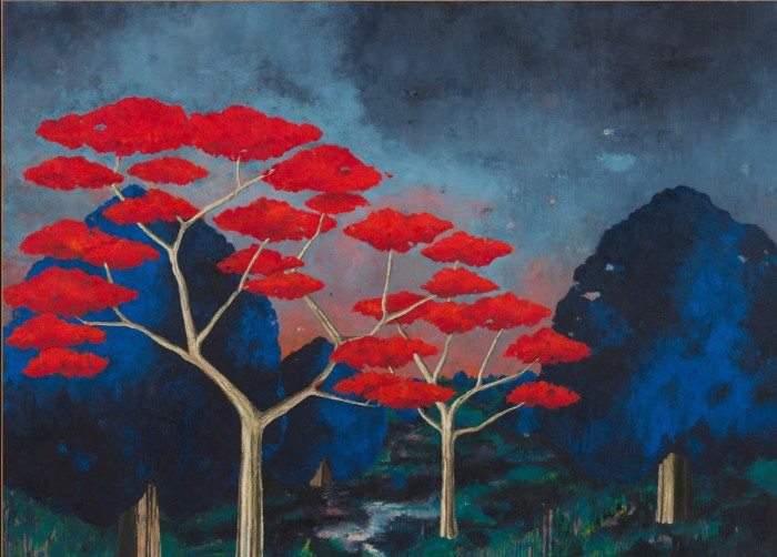 Painting of a landscape with a dark sky background and trees in the foreground, one of which has bright red clusters of leaves, the other two have royal blue leaves