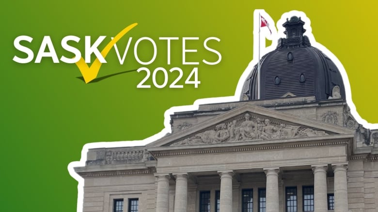 A graphic that shows the Saskatchewan legislative building and says "Sask Votes 2024"