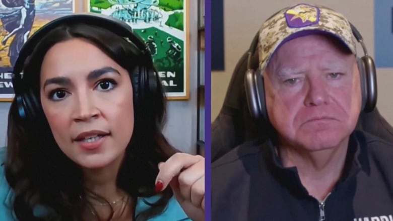 A dark haired woman and a cleanshaven older Caucasian men in a baseball cap are shown in a screengrab from a livestream.