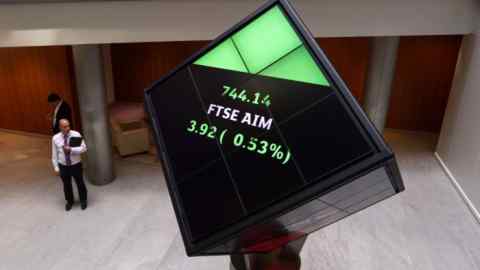 FTSE AIM is displayed on a rotating cube in LSE’s offices in London, England