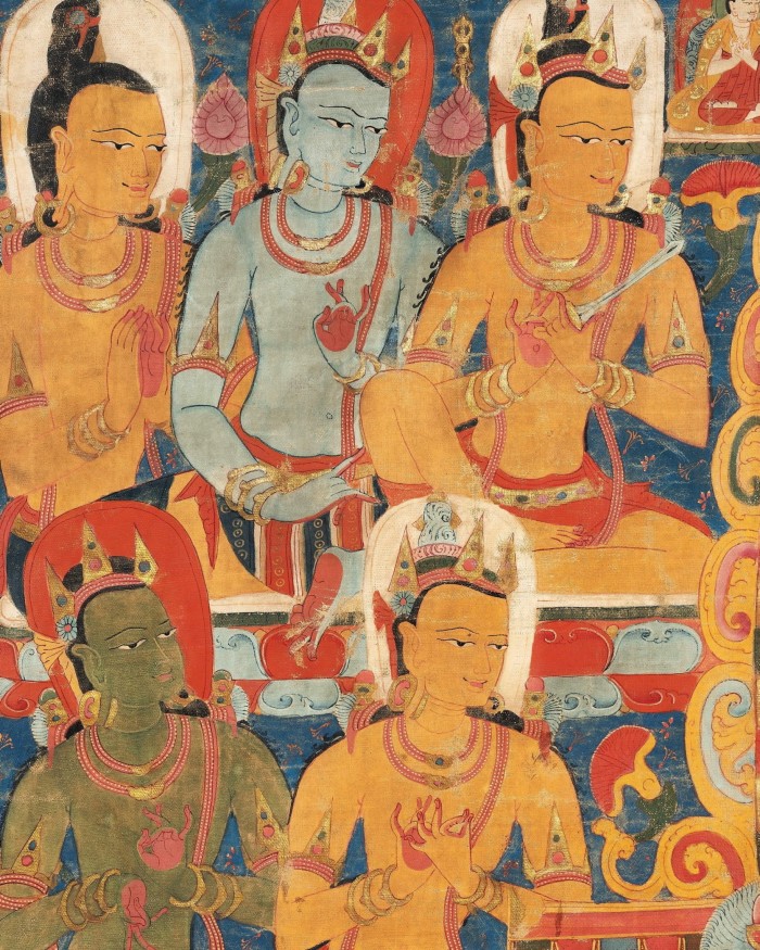 Detail of a 12th-century painting on cloth of several Buddha-like figures, with variying skin colours, seated next to each other in rows 