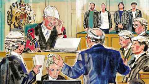 An illustration of a court case. The judge is looking at documents and there are four people standing at the back. There is a man in a blue suit in the foreground, facing the judge with his arms extended