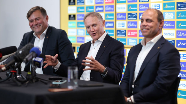 New Wallabies coach Joe Schmidt flanked by Peter Horne and Phil Waugh.