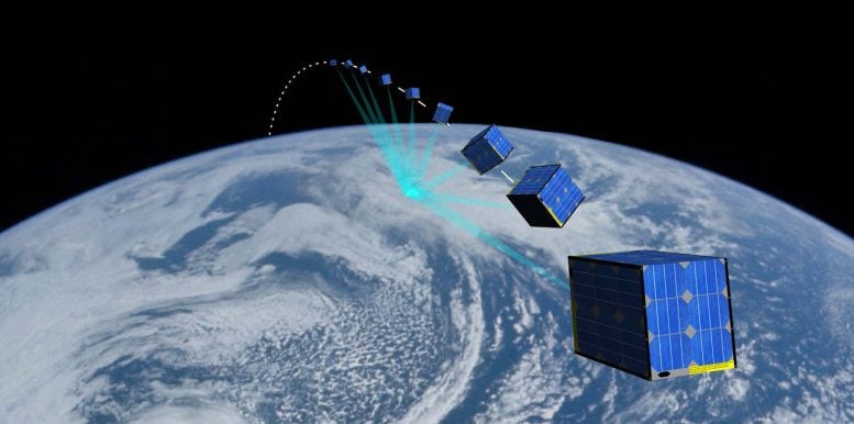 Illustration Coordinated Cubesat Swarm Imaging a Cloud