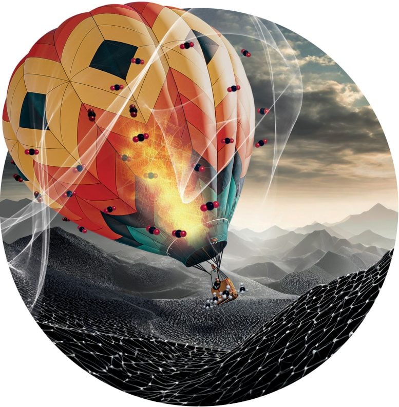 Hot Air Balloon Flying Over Dark Mountains, a Metaphor for Carbon Formation