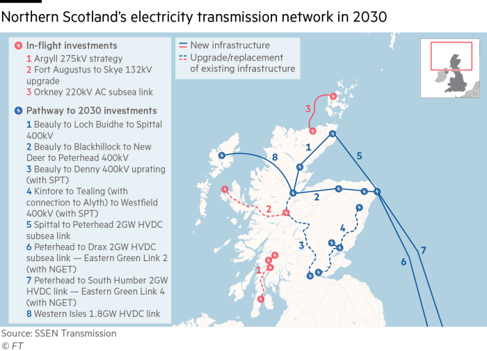 Map showing Northern Scotland’s electricity transmission network in 2030