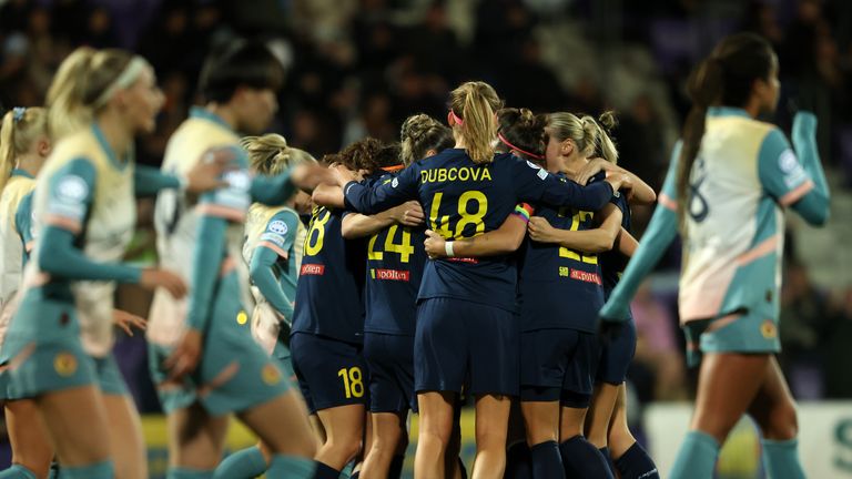 ST. POELTEN, AUSTRIA - OCTOBER 16: Melanie Brunnthaler of SKN St. Poelten celebrates scoring her team's first goal with teammates during the UEFA Women's Champions League match between SKN St. Pölten and Manchester City at Viola Park on October 16, 2024 in St. Poelten, Austria. (Photo by Jasmin Walter/Getty Images)