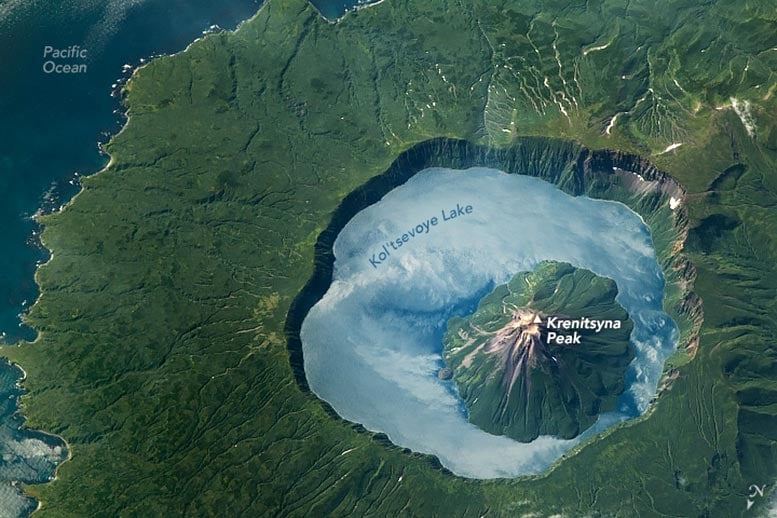 Krenitsyna Volcano From Space Station Annotated