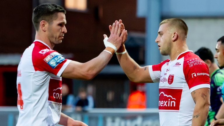 Picture by Allan McKenzie/SWpix.com - 09/08/2024 - Rugby League - Betfred Super League Round 21 - Hull KR v Castleford Tigers - Sewell Group Craven Park, Hull, England - Hull KR&#39;s Mikey Lewis celebrates scoring a try against Castleford.