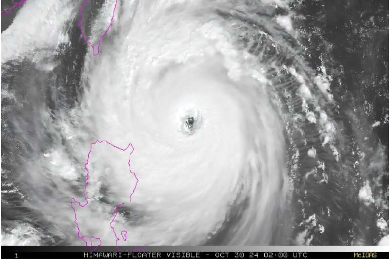 This Himawari satellite image from the National Oceanic and Atmospheric Administration (NOAA) shows Typhoon Kong-rey as it develops over the West Pacific