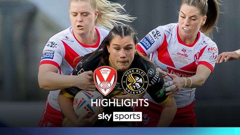 Picture by Allan McKenzie/SWpix.com - 06/10/2024 - Rugby League - Betfred Women&#39;s Super League Grand Final - St Helens v York Valkyrie - The Totally Wicked Stadium, St Helens, England - York&#39;s Megan Pakulis is tackled by St Helens&#39; Vicky Whitfield & Tara Jones.