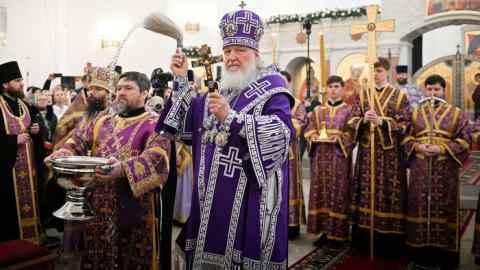 Patriarch Kirill, head of the Moscow-led branch of global Orthodoxy, taking part in a cermony