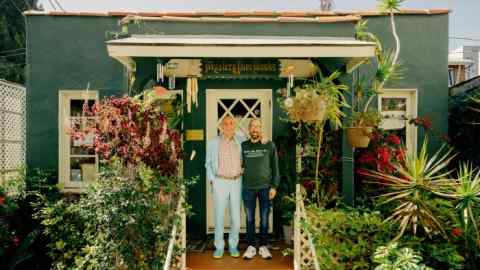 Harvey Jason and his son Louis, outside Mystery Pier Books