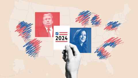 A montage of the US with photos of Donald Trump and Kamala Harris in the background and a hand holding a card with 2024 and a tick on it