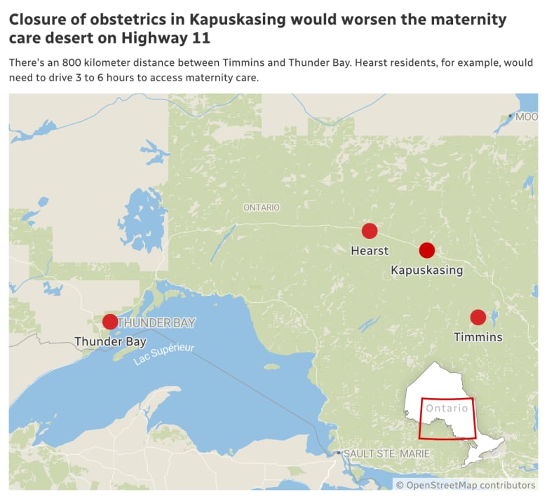 This map illustrates the distance communities on Highway 11 would need to travel to access an obstetrics unit.