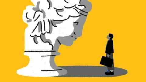 María Hergueta illustration of a man in a black suit holding a briefcase looking up at a huge statue of justice