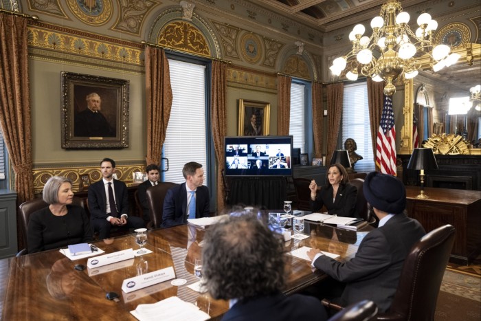 Harris hosts a meeting in the Vice-President’s Ceremonial Office in Washington