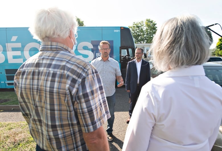 Bloc Quebecois Leader Yves-Francois Blanchet meets seniors under 75years old during a campaign stop, Tuesday, Aug. 17, 2021, in Montmagny Que.