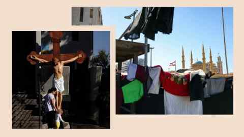 A montage showing a woman and child standing in front of a crucifix and clothes on a line with a mosque in the background