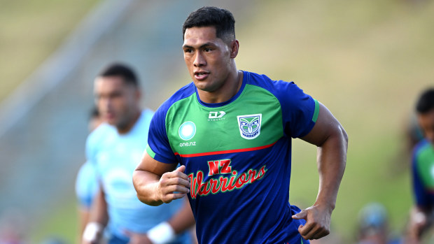 Roger Tuivasa-Sheck of the Warriors warms up ahead of the NRL Pre-season challenge match between New Zealand Warriors and Dolphins at Go Media Stadium Mt Smart on February 24, 2024 in Auckland, New Zealand. (Photo by Hannah Peters/Getty Images)