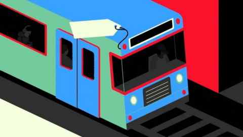 María Hergueta illustration of a metro train with a price tag on it.