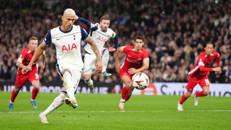 Richarlison puts Tottenham ahead from the penalty spot in their Europa League game against AZ