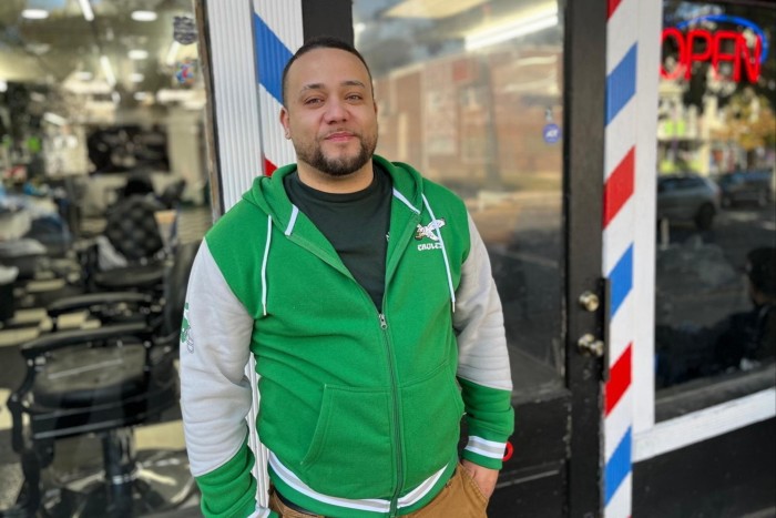 James, 35, works at a barber shop in downtown Allentown, Pennsylvania