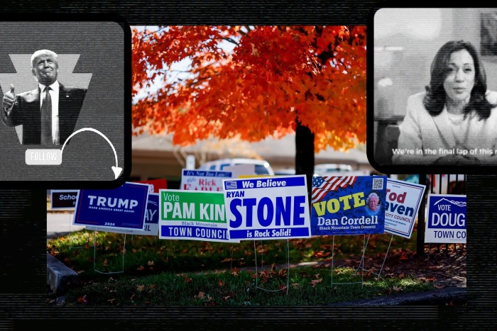 Campaign signs are displayed outside as voters cast their ballots during early voting for the US presidential election and other races at Buncombe County’s Black Mountain Library in Black Mountain, North Carolina