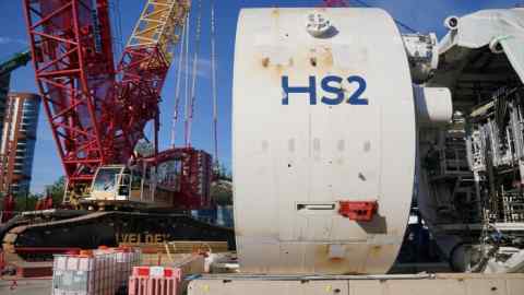 The  tunnel boring machine before it is lifted into place at the Victoria Road Crossover Box HS2 site, near to Old Oak Common in west London