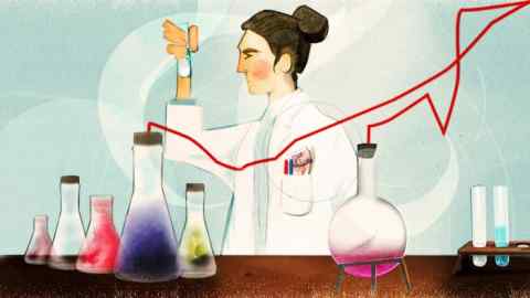 Ann Kiernan illustration of a scientist holding a test tube, with a money in her jacket pocket.