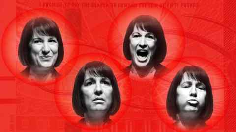 Montage of four images of Rachel Reeves face with different expressions against a red background