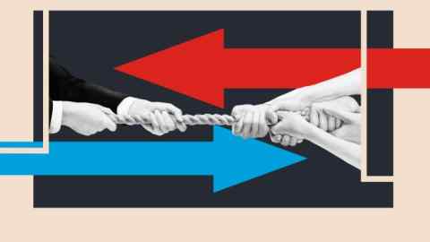 A tug-of-war with red and blue arrows pointing in opposite directions