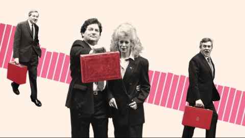 Montage of past chancellors and their Budget boxes: James Callaghan, Nigel Lawson (with wife Thérèse) and Gordon Brown against a data backdrop