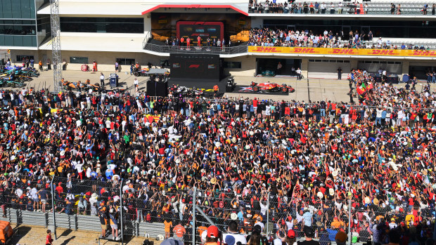 A general view of the podium celebrations during the F1 Grand Prix of United States at Circuit of The Americas on October 20, 2024 in Austin, Texas. (Photo by Mark Sutton/Getty Images)