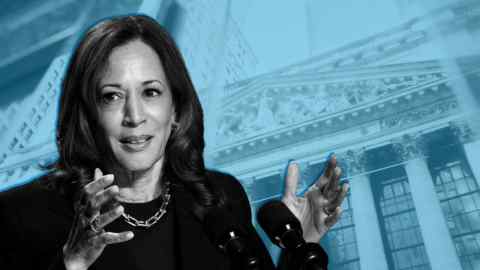 A montage of Kamala Harris with the New York Stock Exchange building in the background