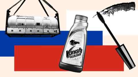 Illustration showing Vanish cleaning fluid, Air Liquide equipment and a toilet brush and container